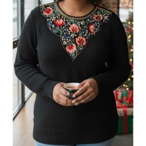 Victoria Harbour Embellished Sweater Size M Shoulder Pad Sequin Beaded Rhineston